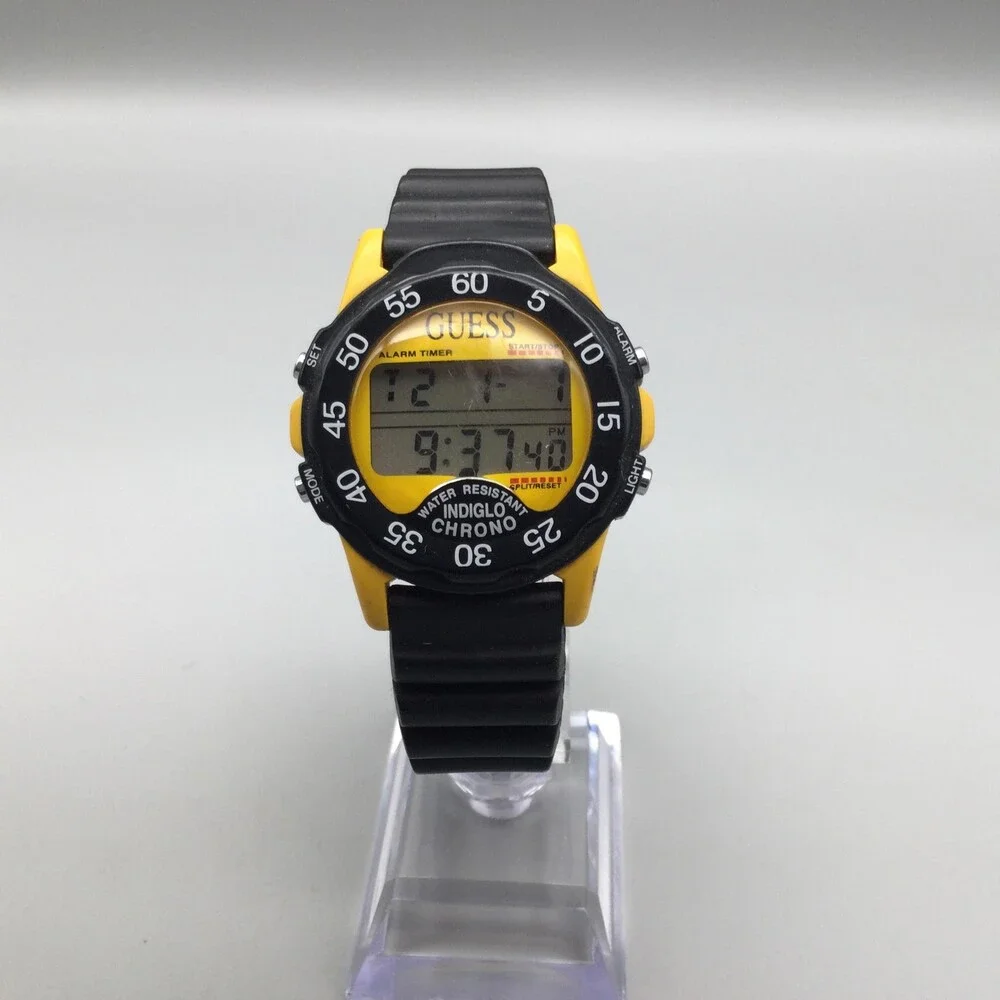 Vintage Guess Indiglo Chrono Men Watch 40mm Yellow Dial Black Rubber New Battery